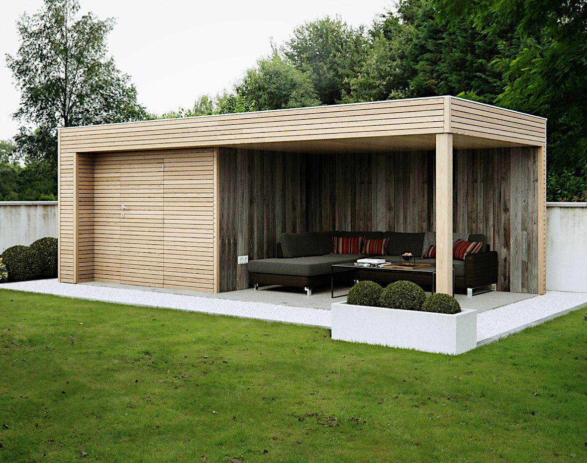 Houten tuinhuis met overkapping