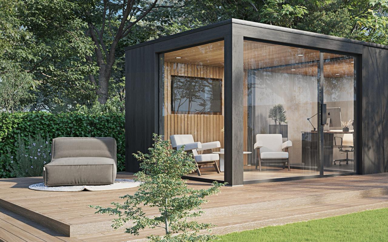 Zwart tuinkantoor met grote glaspartij